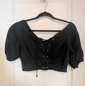 wild fable Black Lace-Up Cropped Peasant Top